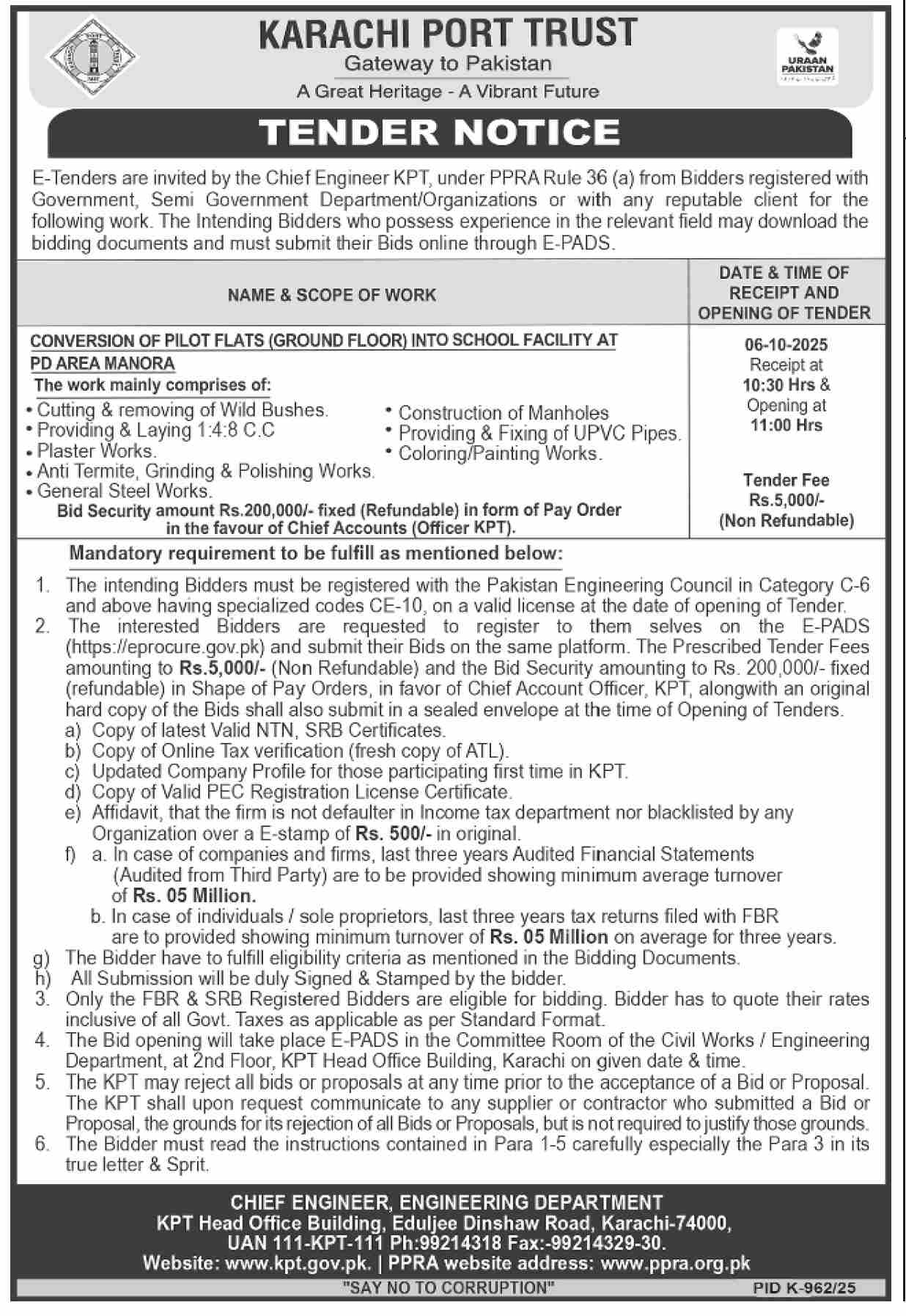 Karachi Port Trust Tender Notice